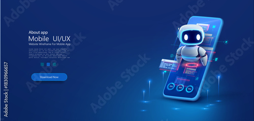 3d vector ai chatbot robot assistant floating above smartphone with holographic interface charts icons and data panels on blue technology background