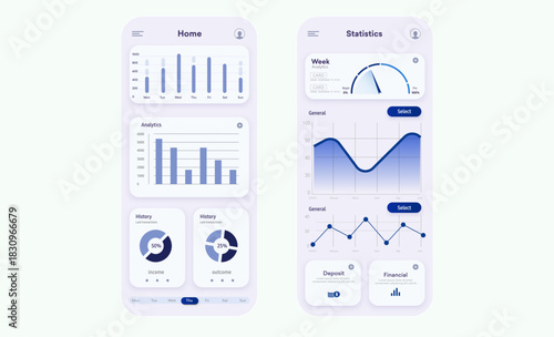 Mobile banking analytics dashboard ui with two smartphone screens showing financial statistics charts and graphs on blue gradient interface