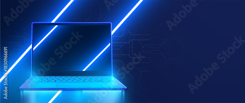 Futuristic glowing blue laptop computer with blank screen on reflective surface with neon light beams and circuit board lines on dark technology background with copyspace