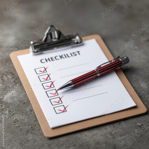 Checklist with red pen on clipboard