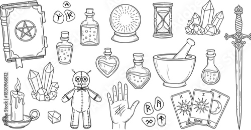 Mystical occult object collection, magical symbol vector set, fantasy ritual design, cad drawing flat vector illustration, black graphic artwork