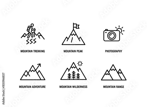 Mountain Trekking Mountain Peak Flag Mountain Photography Mountain Adventure Icon Set