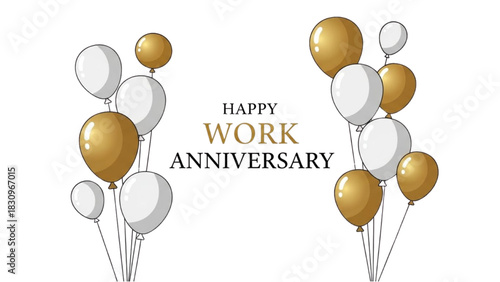 Elegant white and gold balloons celebrate a happy work anniversary in a professional setting