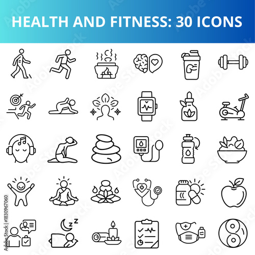 Health and fitness icons representing various wellness activities  
