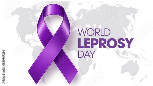 World Leprosy Day Awareness with Purple Ribbon and World Map Background
