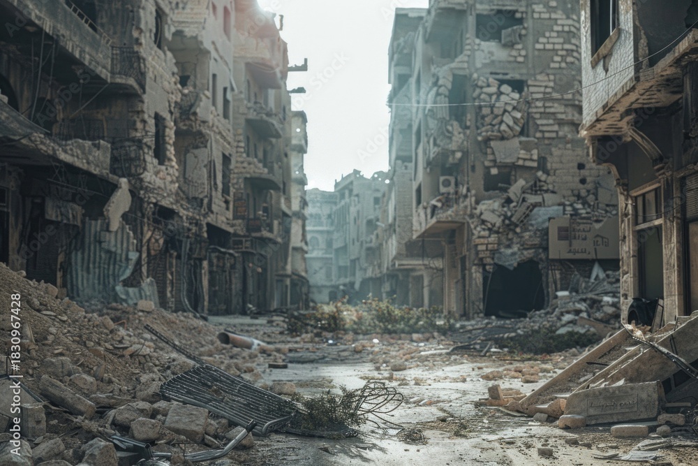 Obraz premium Many destroyed buildings in brown landscape after war times. Neural network ai generated art