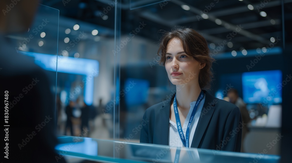 Fototapeta premium A biometric security booth at a tech expo scanning visitors’ faces in real time, holographic ID badges materializing above a sleek glass counter — cutting-edge event security, futuristic identity