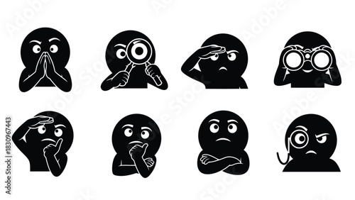 Eight black and white flat vector characters depicting various expressions of searching, thinking, observing, and, isolated on white background