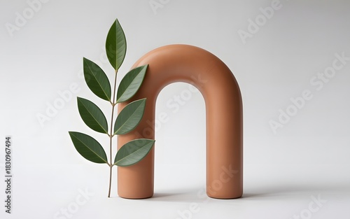 Minimalist still life with arched form and fresh green branch