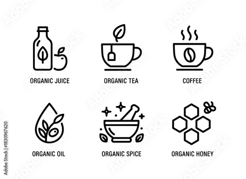 Organic Juice Organic Tea Organic Coffee Organic Oil Organic Spice Organic Honey Icon Set