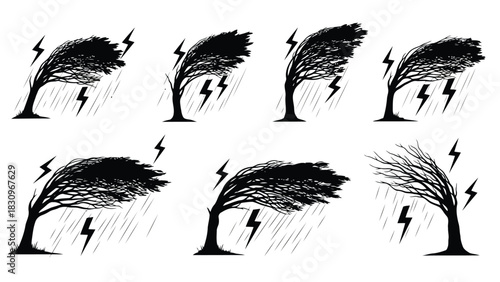 Black silhouette trees bending dramatically in strong wind with heavy rain and lightning bolts, illustrating a severe, isolated on white background