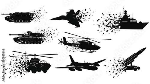 Black military vehicles disintegrating into fragments, including tanks, jet, warship, helicopters, and missile, isolated on white background