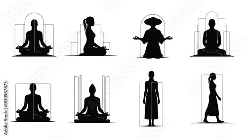 Flat vector illustration of diverse human silhouettes meditating in lotus pose, standing, and walking, framed by, isolated on white background