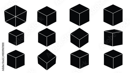 Collection of black isometric cubes and a divided hexagon, showcasing various geometric perspectives in a clean flat, isolated on white background