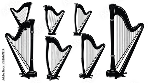 Collection of elegant classical harps depicted as black silhouettes, showcasing musical instruments with intricate, isolated on white background