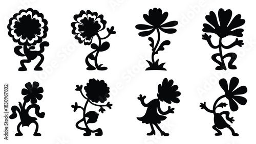 Collection of eight whimsical anthropomorphic flower characters depicted as stylized black silhouettes in various, isolated on white background