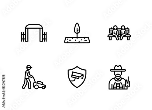 Park Gate Lawn Park Bench with People Park Maintenance Park Security Park Ranger Icon Set