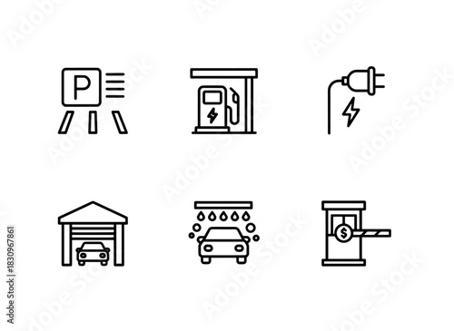 Parking Lot Gas Station Charging Station Garage Car Wash Toll Booth Minimal Bold Icon Set