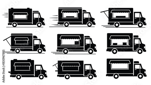 Black flat vector food truck icons set, depicting various mobile restaurant vehicles with open and closed service, isolated on white background