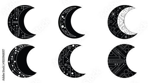 Six stylized black crescent moons with intricate white geometric line art patterns and abstract circuit designs, in a, isolated on white background