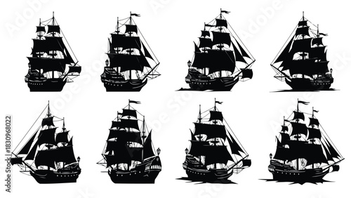 Collection of detailed black silhouette vector illustrations depicting classic three masted sailing ships with full, isolated on white background