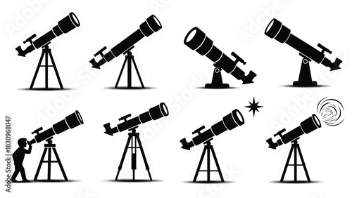 Flat vector illustration set of black silhouette telescopes for astronomy, including a child observing, a shining star,, isolated on white background