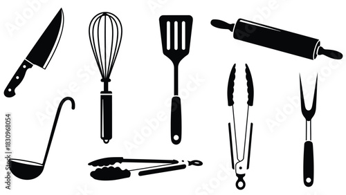 Flat vector illustration of essential kitchen utensils: knife, whisk, spatula, rolling pin, ladle, cooking tongs, and, isolated on white background