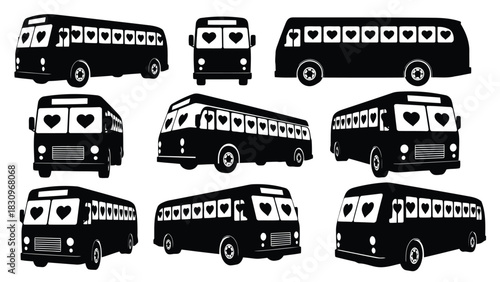 Black silhouette vintage buses with heart shaped windows, a charming collection symbolizing romantic travel and loving, isolated on white background