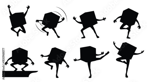 Abstract black geometric characters with human like limbs performing various dynamic poses, including jumping, dancing,, isolated on white background