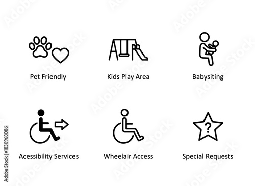 Pet Friendly Kids Play Area Babysitting Accessibility Services Wheelchair Access Icon Set