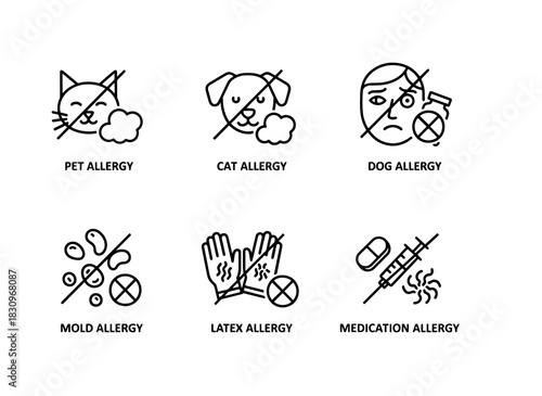 Pet Allergy Cat Allergy Dog Allergy Mold Allergy Latex Allergy Medication Allergy Icon Set