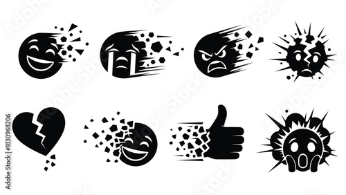Flat vector illustration of black silhouette emojis and symbols disintegrating into fragments, depicting emotional, isolated on white background