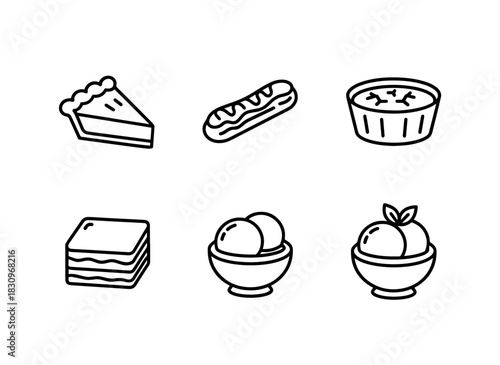 Pie Slice Eclair Creme Brulee Tiramisu Gelato Sorbet Minimal Bold Line Icon Set
