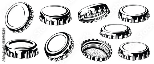 Monochrome Bottle Caps Set Featuring Detailed Metal Lid Elements In Clean Vector Illustration Style, Designed For Packaging Concepts, Beverage Graphics, Retro Label Art, And Branding Design Projects
