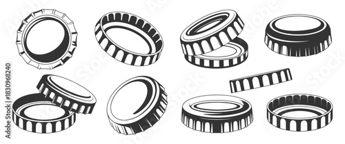 Monochrome Bottle Caps Set Featuring Detailed Metal Lid Elements In Clean Vector Illustration Style, Designed For Packaging Concepts, Beverage Graphics, Retro Label Art, And Branding Design Projects