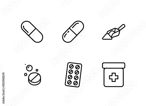 Pill Soft Gel Powder Medicine Effervescent Tablet Blister Pack Pill Box Minimal Icon Set