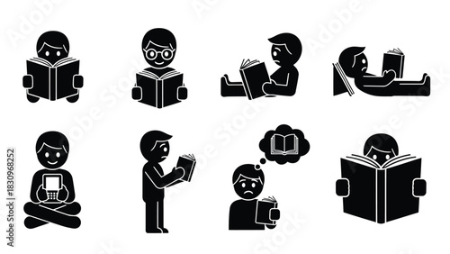 Flat vector stick figures depicting various people reading books and e readers, symbolizing education, learning, and, isolated on white background