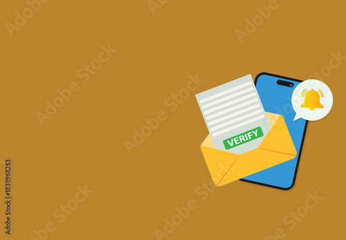 Mobile phone with a bell notification and verify mail. .Reminder on smartphone screen New message notification
