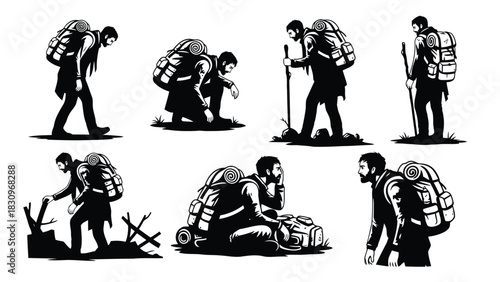 Flat vector black and white silhouettes of a rugged male hiker with a backpack, in various poses on an outdoor, isolated on white background