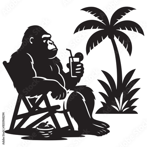 Relaxed ape sips drink, lounging near palm tree.
