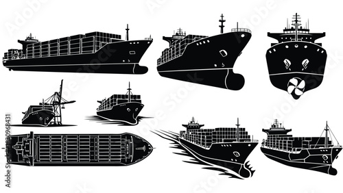 Collection of detailed black container ship silhouettes from multiple perspectives, representing global trade and, isolated on white background