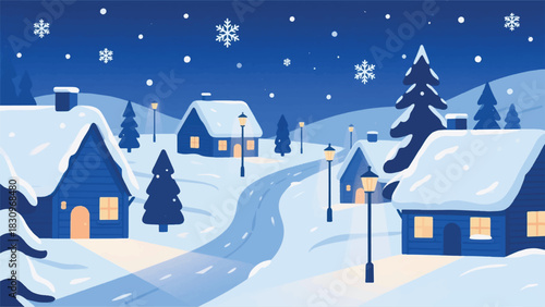 Snowfall in the Village Illustrator Artwork Banner Background Design Template 