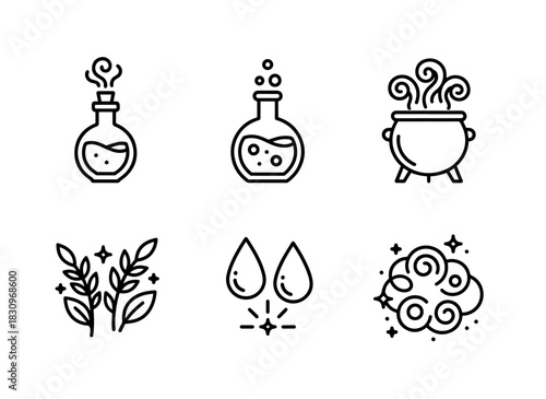 Potion Bottle Magic Elixir Magic Smoke Potion Cauldron Magic Herbs Magic Drops Icon Set