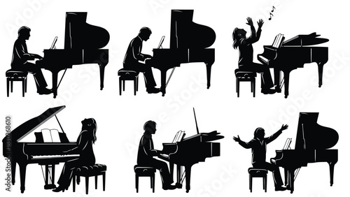 Flat vector illustration set of diverse male and female pianists playing elegant grand pianos with musical notes,, isolated on white background
