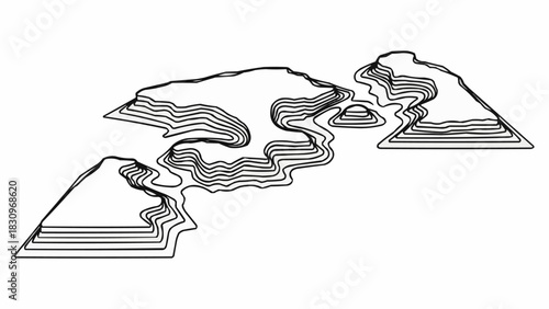 Stylized black and white line art of a terraced landscape.