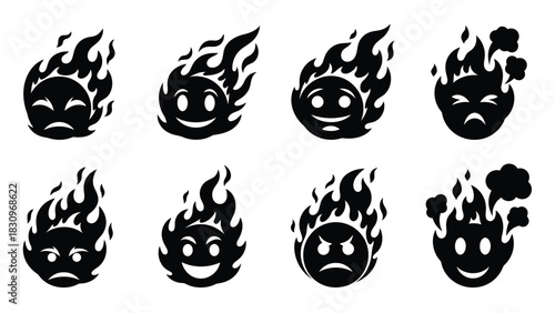 Eight flaming emojis and burning emoticons expressing distinct intense emotions like joy, sadness, and anger, rendered, isolated on white background
