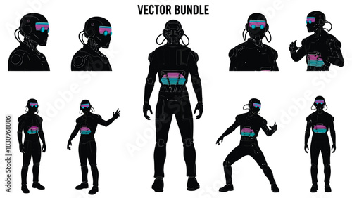 Futuristic cybernetic humanoids in various poses, vector illustration with glowing neon visors and striped chest panels., isolated on white background