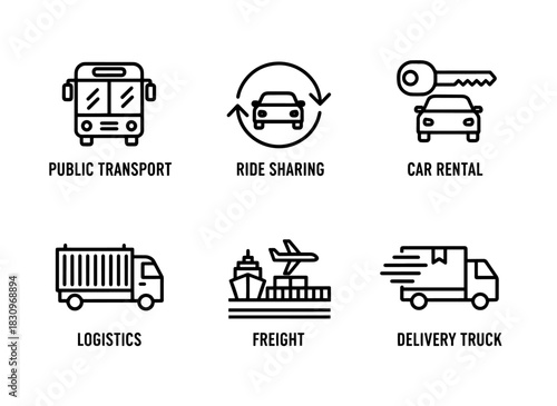 Public Transport Ride Sharing Car Rental Logistics Freight Delivery Truck Minimal Icon Set