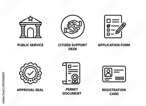 Public Service Citizen Support Desk Application Form Approval Seal Permit Document Icon Set