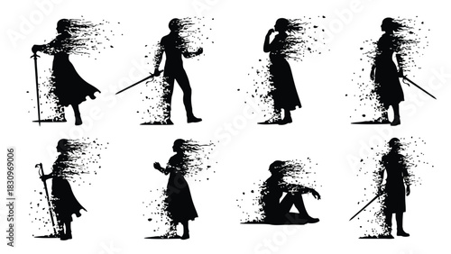 Black silhouettes of male and female figures dissolving into particles, holding swords and staffs, representing decay, isolated on white background